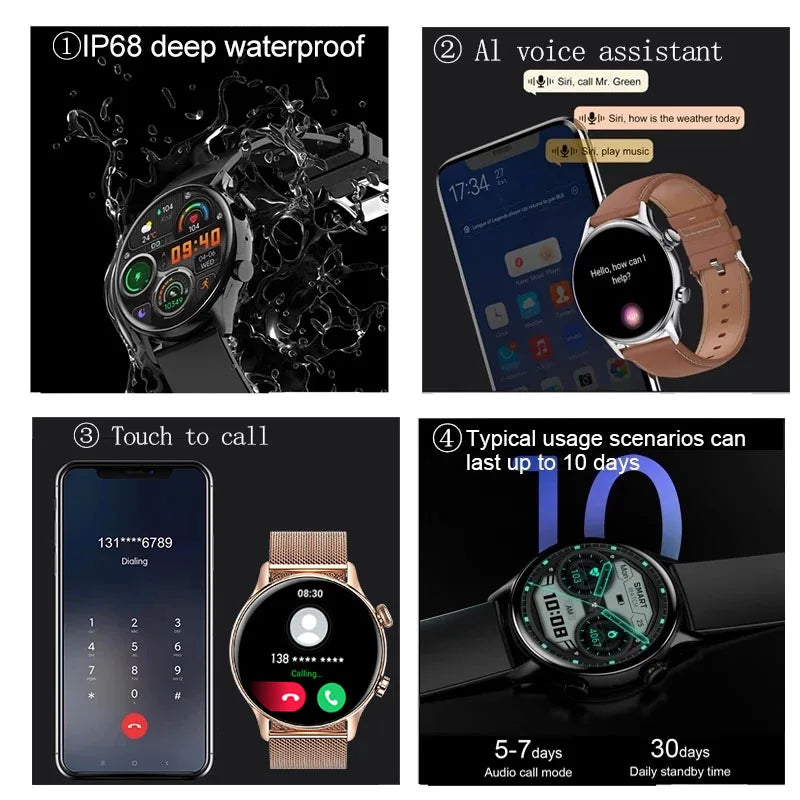 2024 New Smartwatch Women AMOLED HD Screen Always On Display Bluetooth Call IP68 Waterproof NFC Smart Men Watch For Android ios