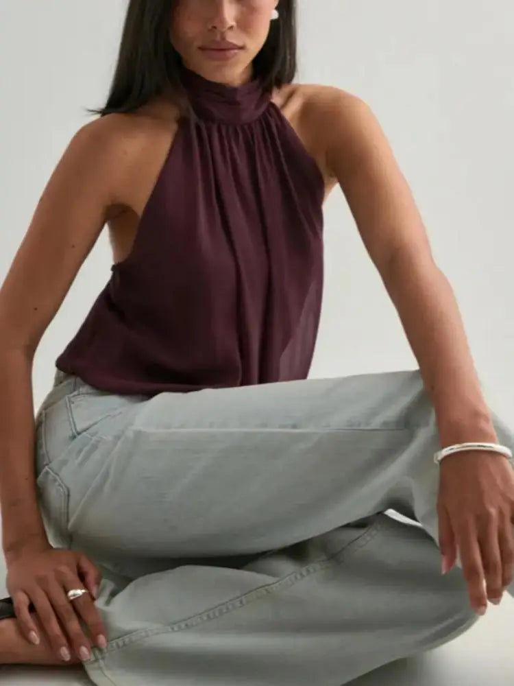 Women's  Elegant Top Halter-Neck Backless Solid Colour Top Sexy Off Shoulder Top Night Club Party Top