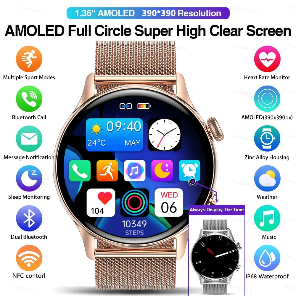 2024 New Smartwatch Women AMOLED HD Screen Always On Display Bluetooth Call IP68 Waterproof NFC Smart Men Watch For Android ios