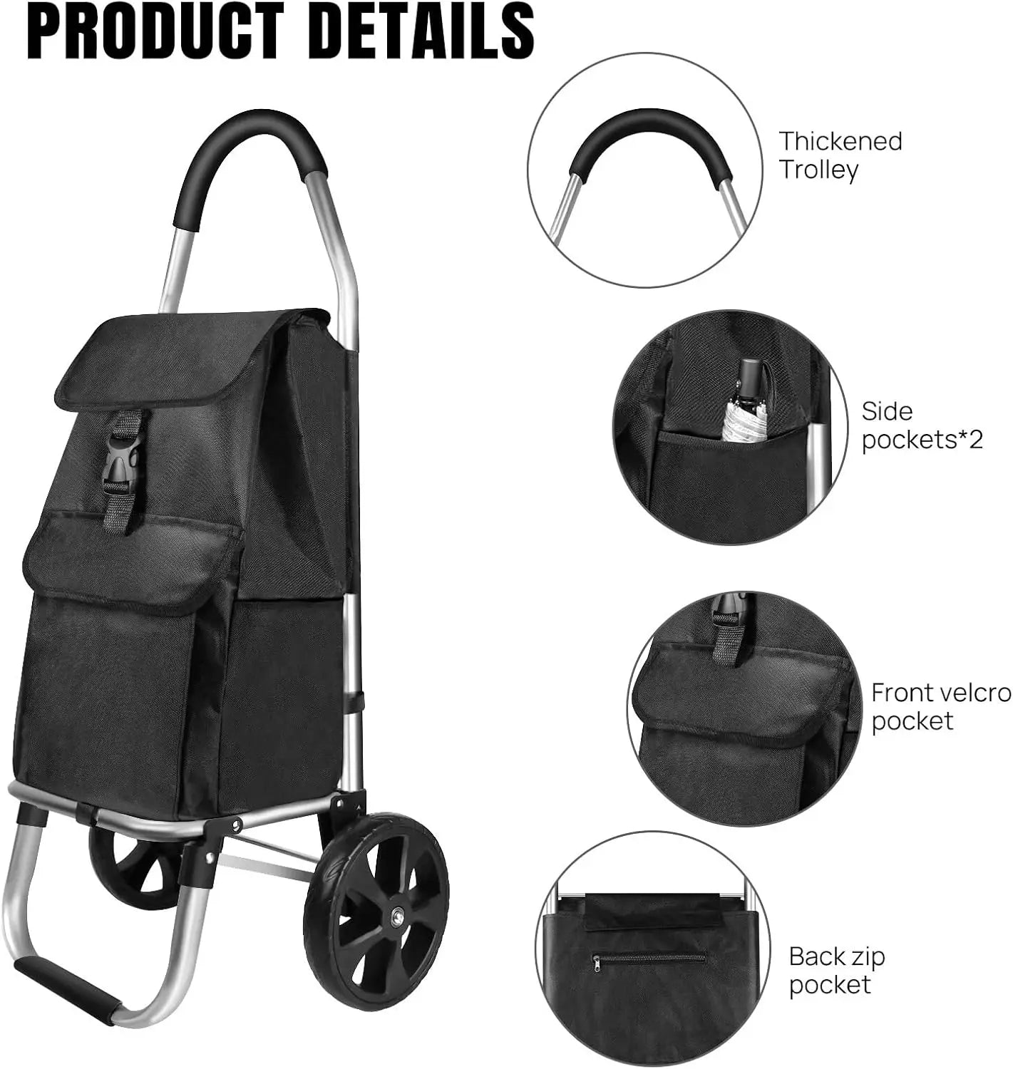Shopping Cart Large Lightweight Folding Trolley Waterproof Bag 2 Wheel Large 40L Large Capacity Detachable Durable Aluminum Frame Silent Stair-Climbing Grocery Trolley