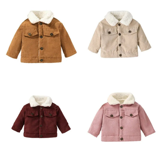 Toddler Kids Autumn Winter Coat Solid 3 Colors Long Sleeve Button Down Plush Lined Lapel Tops Outerwear for Newborn Boys Girls