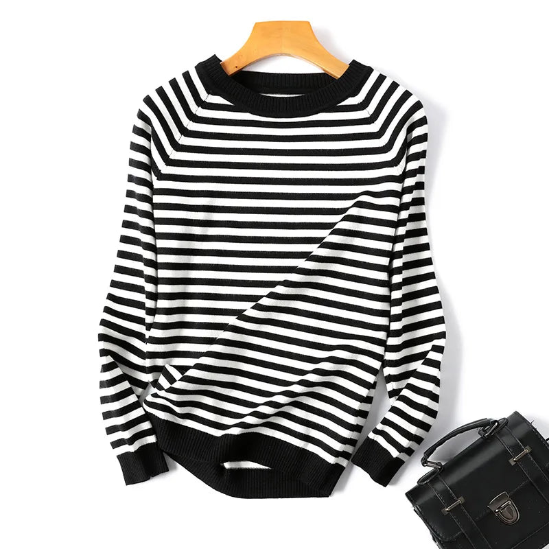 2025 New Long Sleeve Striped Pullover Women Sweater Knitted Sweaters O-Neck Tops Korean Pull Jumper Female Tailor-made T-Shirts