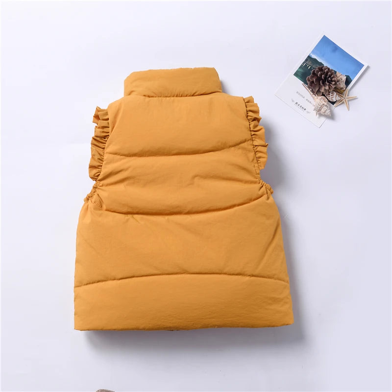 Winter Baby and Girls Ruffled Sleeves Single-Breasted Puffer Vest Jackets School Kids Down Waistcoat Child Outfit Tops 2-10 Yr
