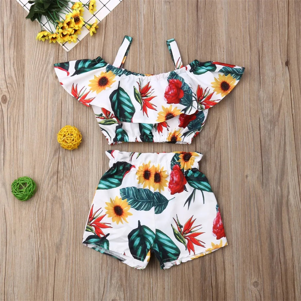 Newest Fashion Summer Toddler Baby Girl Clothes Off Shoulder Ruffle Sling Crop Tops Short Pants 2Pcs Outfits Clothes