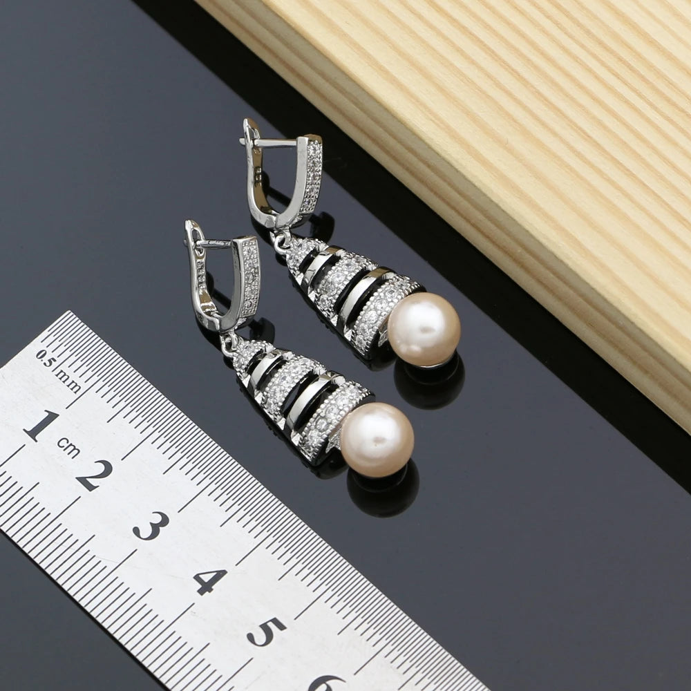 Pink Pearls Jewelry Sets 925 Silver Bridal Jewelry For Women Wedding Earrings/Pendant/Rings/Necklace Set