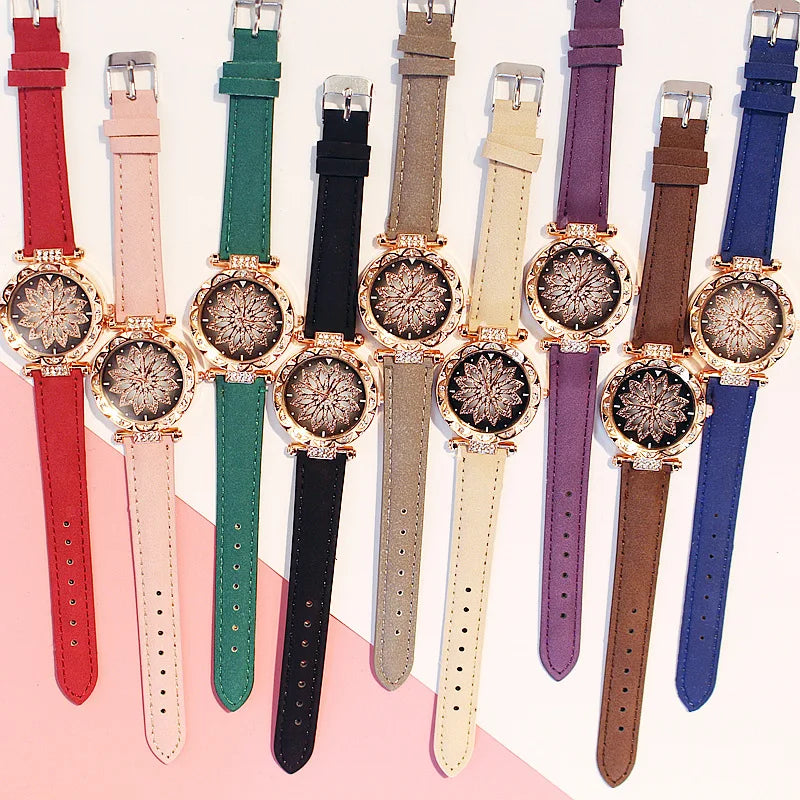 Fashion Flowers Diamond Women Watch + Bracelet Set Luxury Brand Quartz Watches Reloj Mujer Casual Leather Wristwatch Ladyes Gift