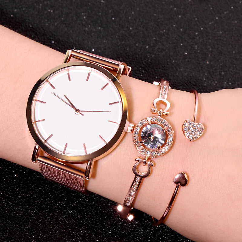 Simple Ladies Watch Set 3pcs Luxury Rhinestone Women Watches Mesh Band Hot Sales Wristwatch Rose Gold Bracelet zegarek damski