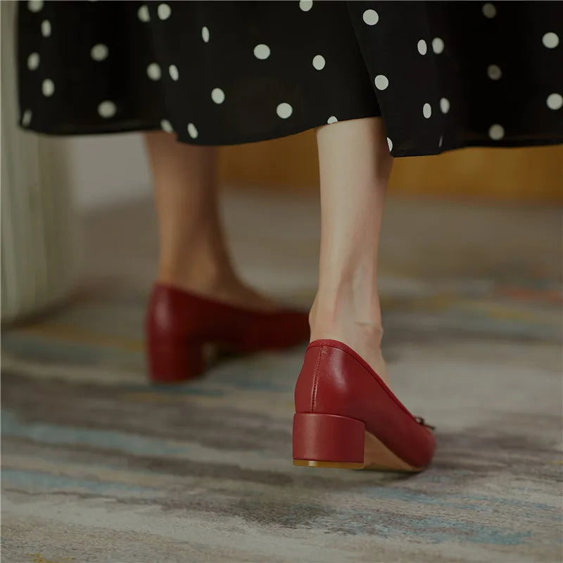 2025 Genuine Leather Women Shoes Fashion Butterfly-knot Spring and Autumn Pumps Slip-On Casual Shoes Chunky Heel Size 34-40