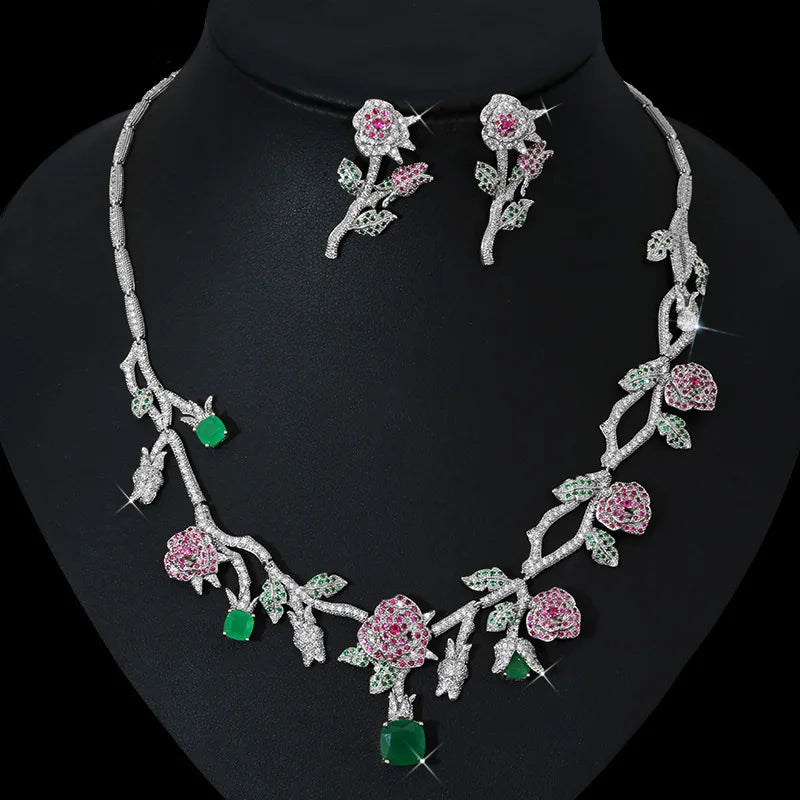 HIBRIDE Gold Color Rose Flower Bridal Necklace Jewelry Sets Luxury CZ Jewelry for Women Wedding Accessories bijoux femme N-1227