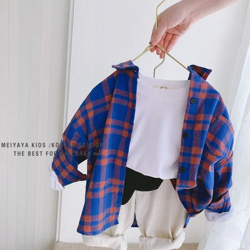 Spring 100% Cotton Casual Plaid Blouse Summer Striped Shirt Korean Baby Long Sleeve Tops Boys Shirts School Girls Blouses