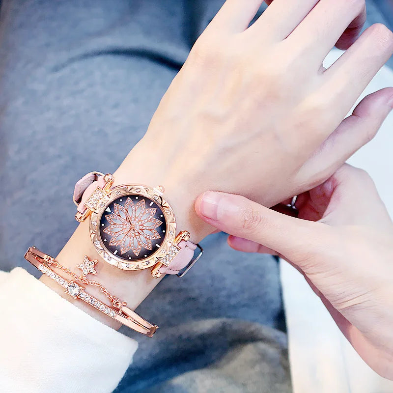 Fashion Flowers Diamond Women Watch + Bracelet Set Luxury Brand Quartz Watches Reloj Mujer Casual Leather Wristwatch Ladyes Gift