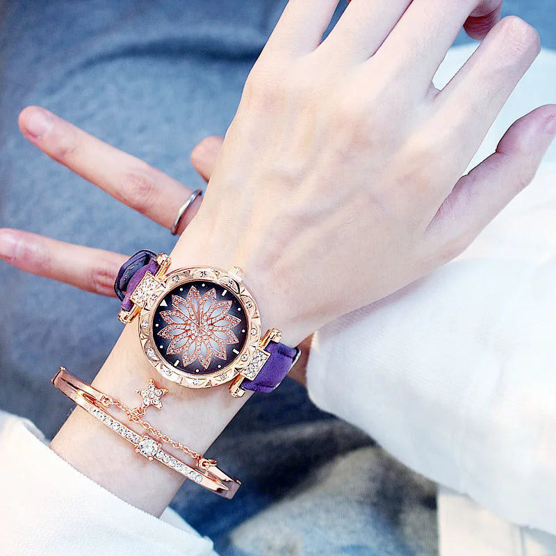 Fashion Flowers Diamond Women Watch + Bracelet Set Luxury Brand Quartz Watches Reloj Mujer Casual Leather Wristwatch Ladyes Gift