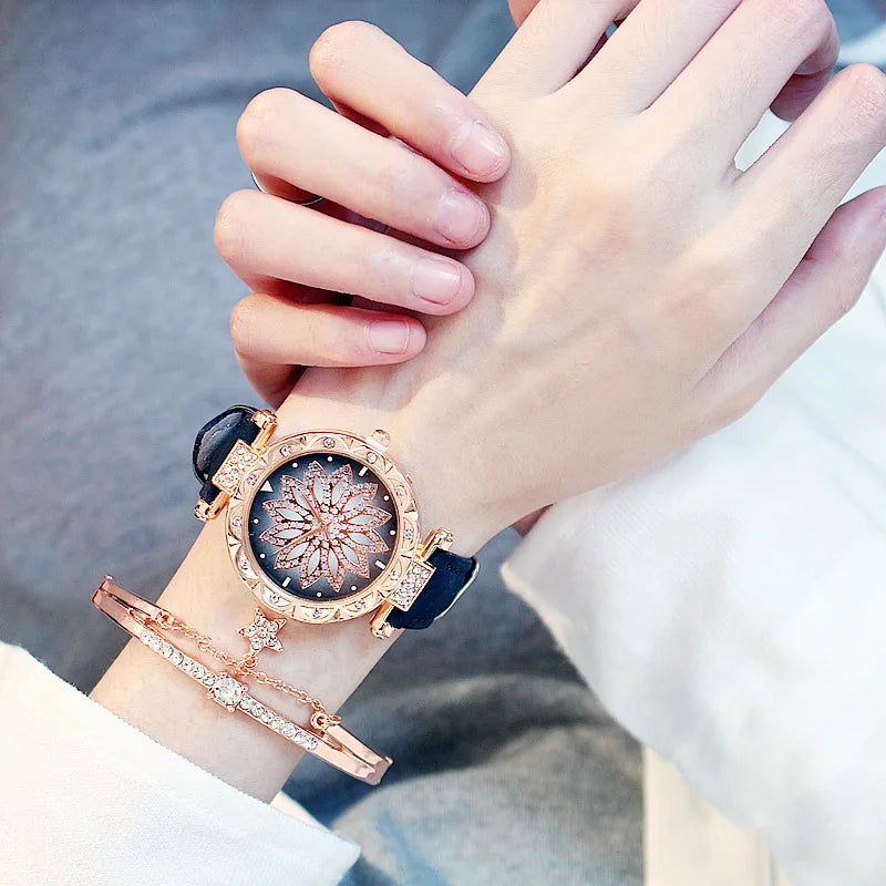 Fashion Flowers Diamond Women Watch + Bracelet Set Luxury Brand Quartz Watches Reloj Mujer Casual Leather Wristwatch Ladyes Gift