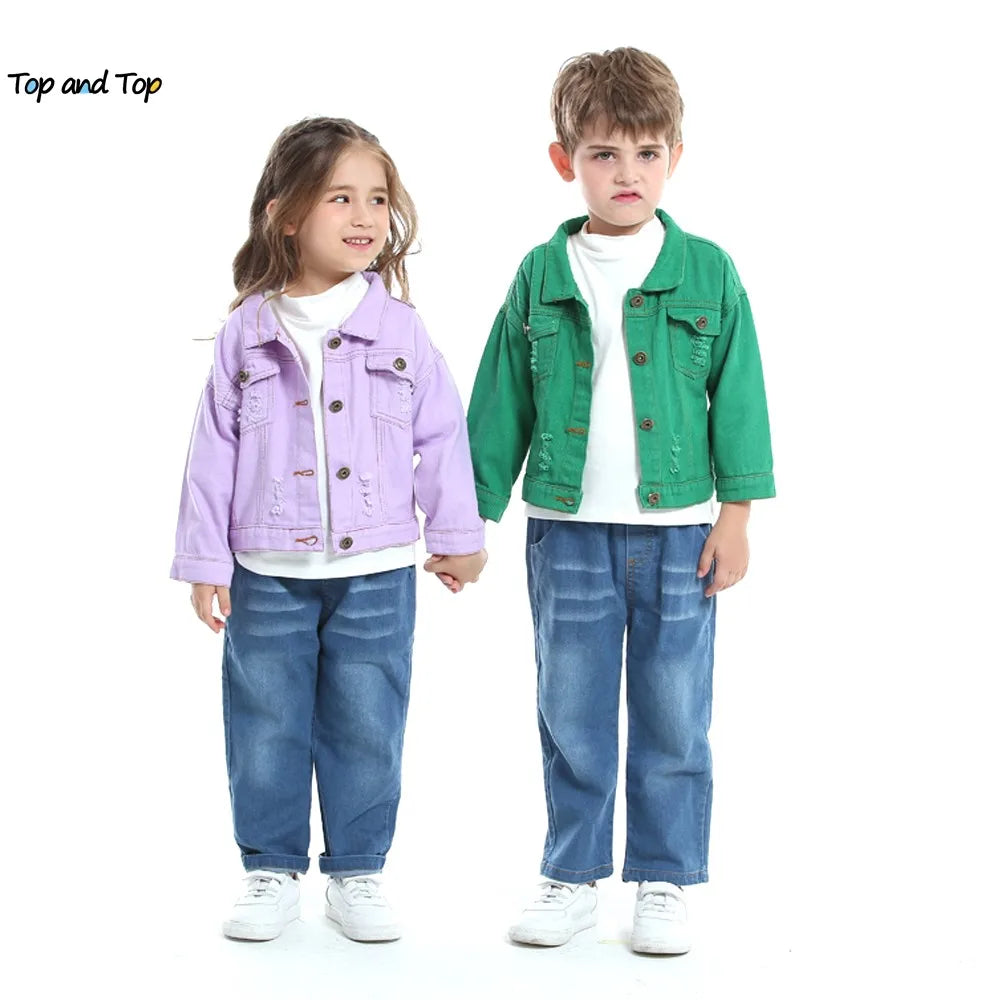 Top y top moda niños niñas Casual chaqueta de mezclilla rota niños niños gabardina niño agujeros prendas de vestir exteriores ropa de vaquero