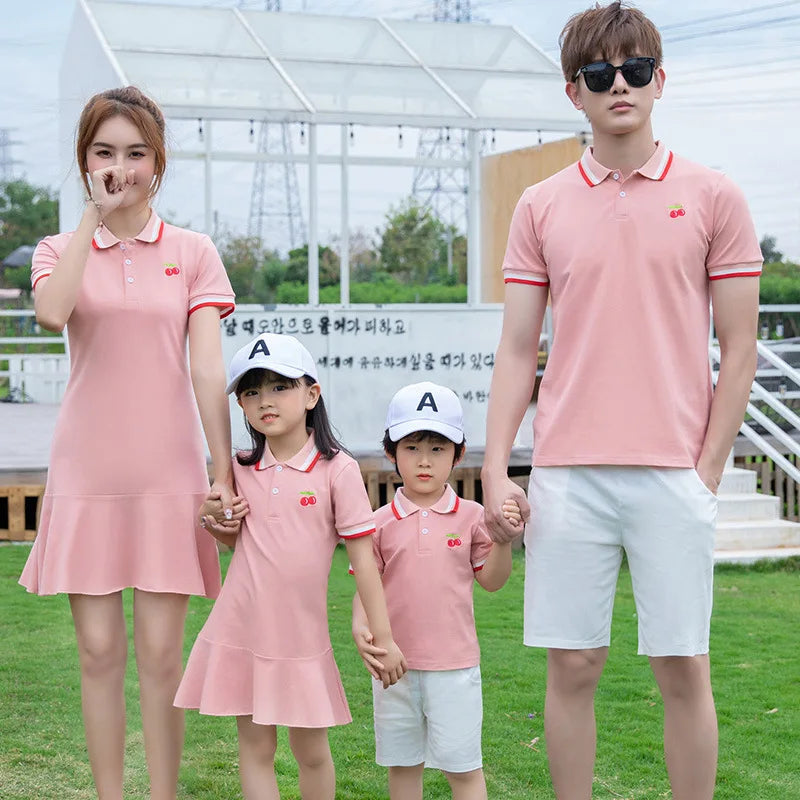 Family matching outfits boys Polo t shirt girls dress mother girls dresses pink mommy and me clothes Mother/Father/Kid dad son