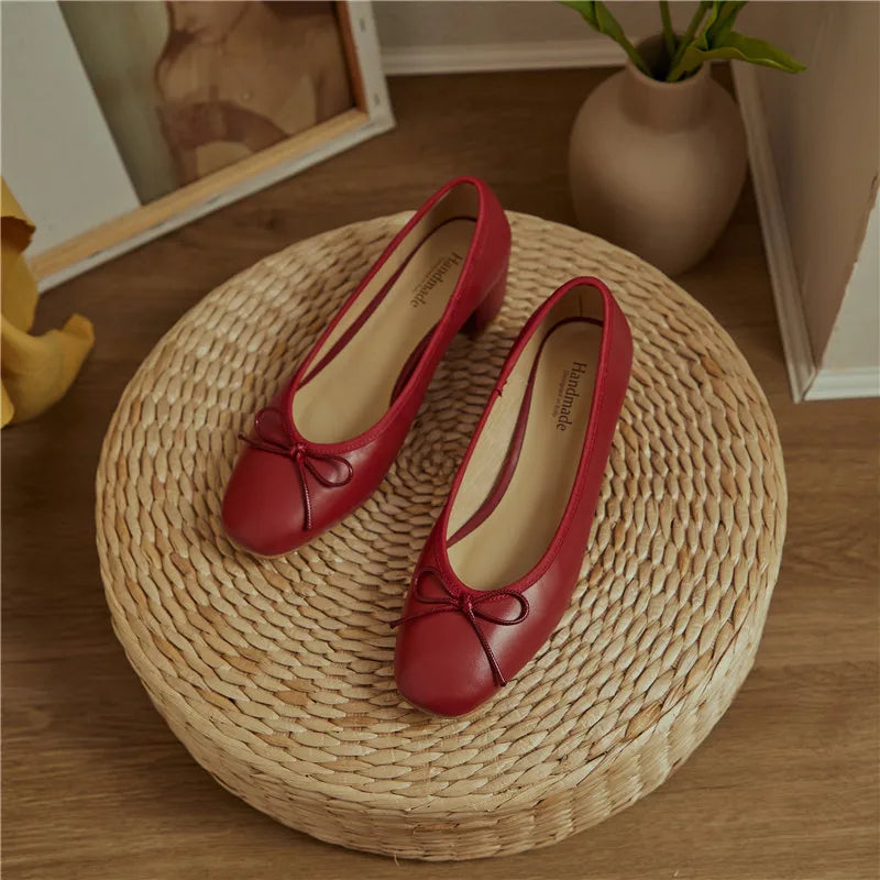 2025 Genuine Leather Women Shoes Fashion Butterfly-knot Spring and Autumn Pumps Slip-On Casual Shoes Chunky Heel Size 34-40