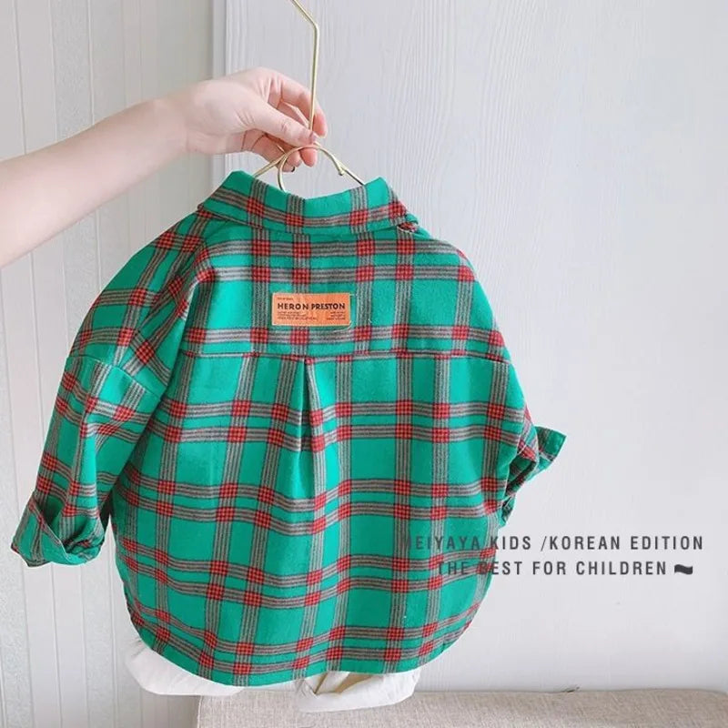 Spring 100% Cotton Casual Plaid Blouse Summer Striped Shirt Korean Baby Long Sleeve Tops Boys Shirts School Girls Blouses