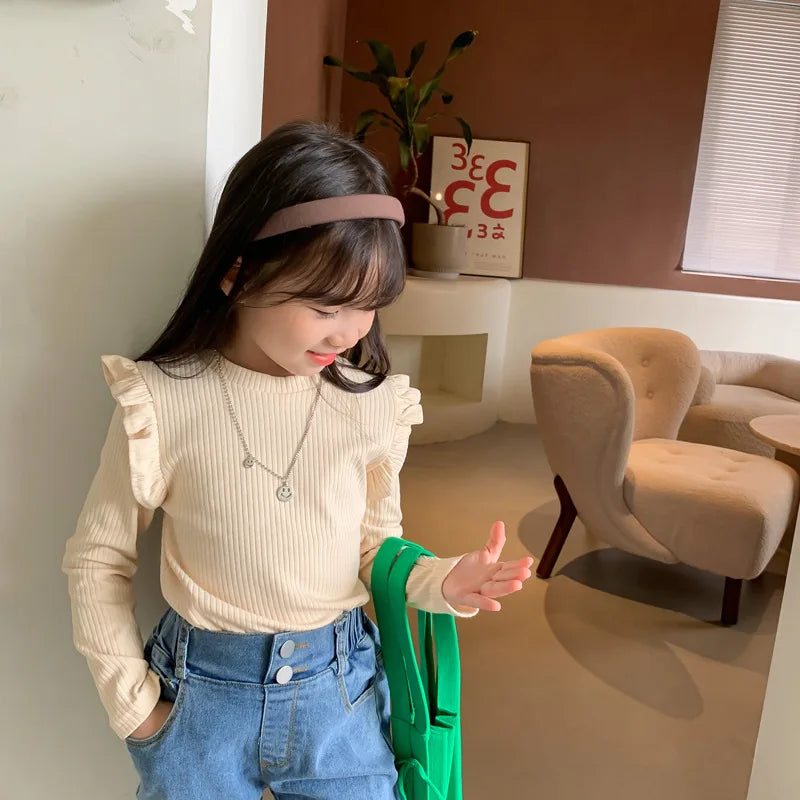 2-8T Toddler Kid Baby Girls Clothes Autumn Ruffles T Shirt Elegant Long Sleeve Cotton tshirt Cute Sweet Pullover Top Basic Tee