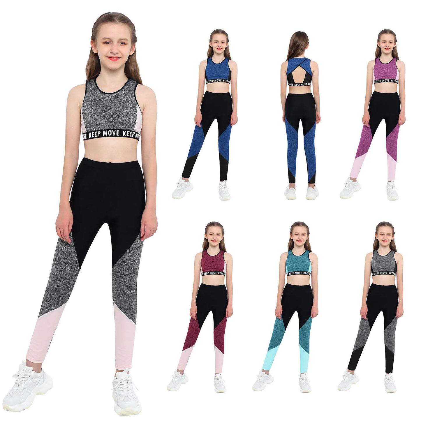 Kids Girls Sportswear Workout Gymnastics Outfits Running Sports O-Neck Wide Shoulder Tops+Pants Clothes Set Girls Activewear