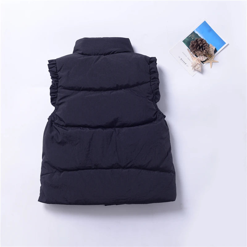Winter Baby and Girls Ruffled Sleeves Single-Breasted Puffer Vest Jackets School Kids Down Waistcoat Child Outfit Tops 2-10 Yr