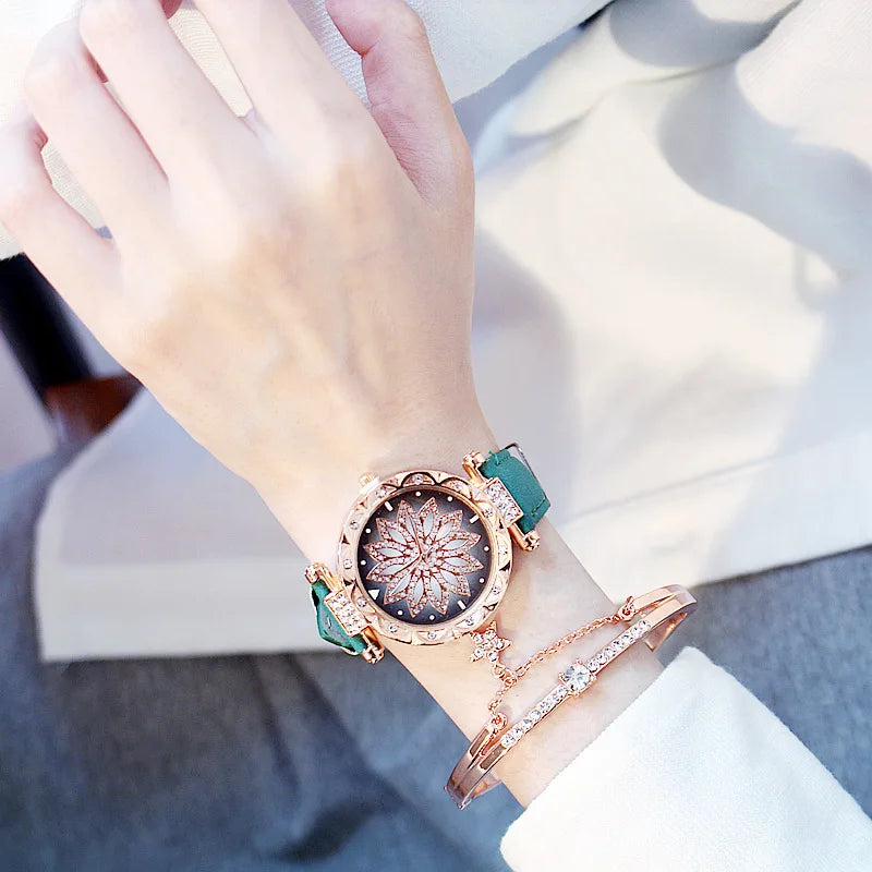 Fashion Flowers Diamond Women Watch + Bracelet Set Luxury Brand Quartz Watches Reloj Mujer Casual Leather Wristwatch Ladyes Gift