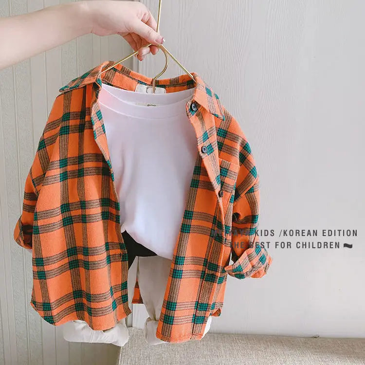 Spring 100% Cotton Casual Plaid Blouse Summer Striped Shirt Korean Baby Long Sleeve Tops Boys Shirts School Girls Blouses