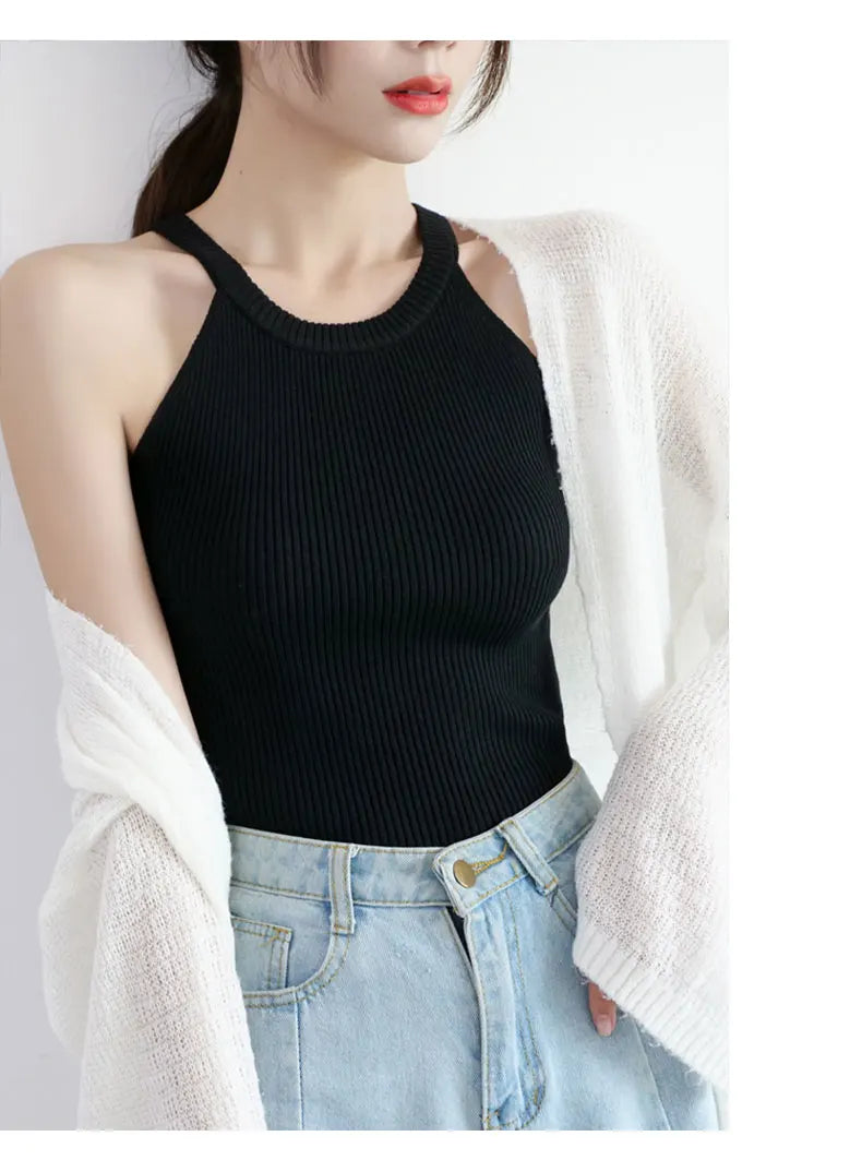 Tops Women Crop Top Off Shoulder Stretchy Knitted Tank Tops Female Sleveless Vest Halter Casual Summer Tops For Women