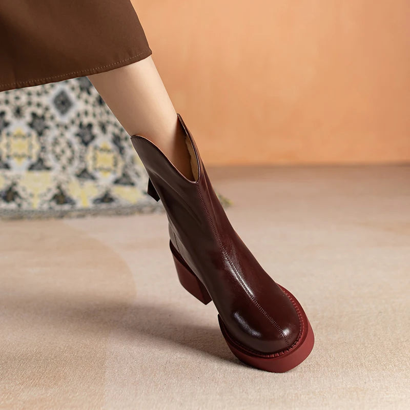 2022 Winter New Women Boots Women Shoes Round Toe Square Heel Real Wool Thick Heel Short Boots Solid Color Womens Platform Heels