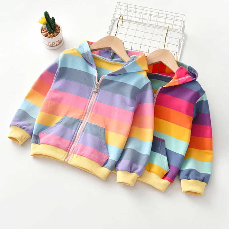 Otoño, chaqueta con capucha para niñas, suéter para niños, camisa a rayas del arco iris, camiseta de manga larga, Tops para niños, sudadera con cremallera, abrigo para niños