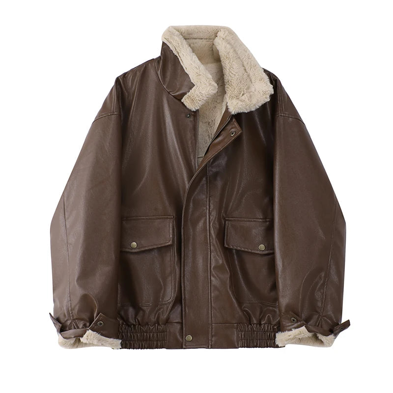 Winter Women's Fur Leather Jacket Long Sleeved Loose Warm Lamb Wool Vintage Thickened Locomotive Lapel Female PU Motorcycle Coat