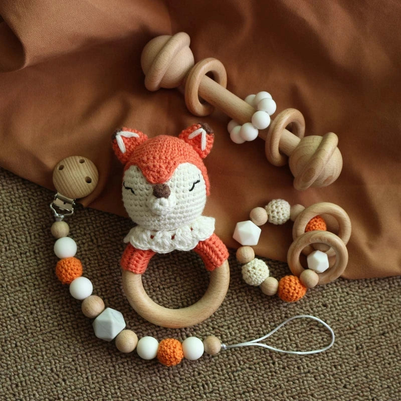 Baby Rattle Crochet Elk Fox Bear Teether Rattle With Bells Newborn Montessori Educational Toy Wooden Rings Baby Toys