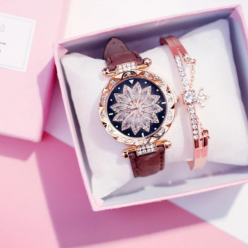 Fashion Flowers Diamond Women Watch + Bracelet Set Luxury Brand Quartz Watches Reloj Mujer Casual Leather Wristwatch Ladyes Gift