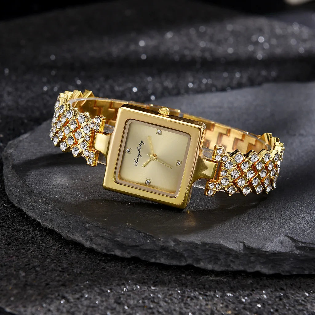 Luxury Square Dial Watches For Women Crystal Steel Quartz Ladies Watch Set Fashion Bracelet Female's Wristwatch Rose Gold Gift