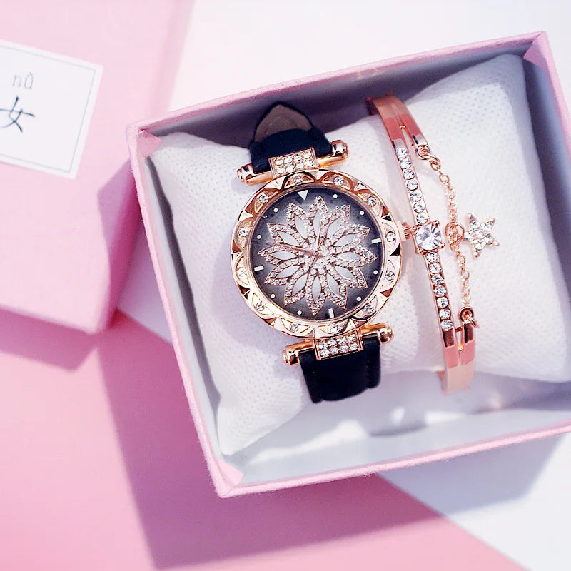 Fashion Flowers Diamond Women Watch + Bracelet Set Luxury Brand Quartz Watches Reloj Mujer Casual Leather Wristwatch Ladyes Gift