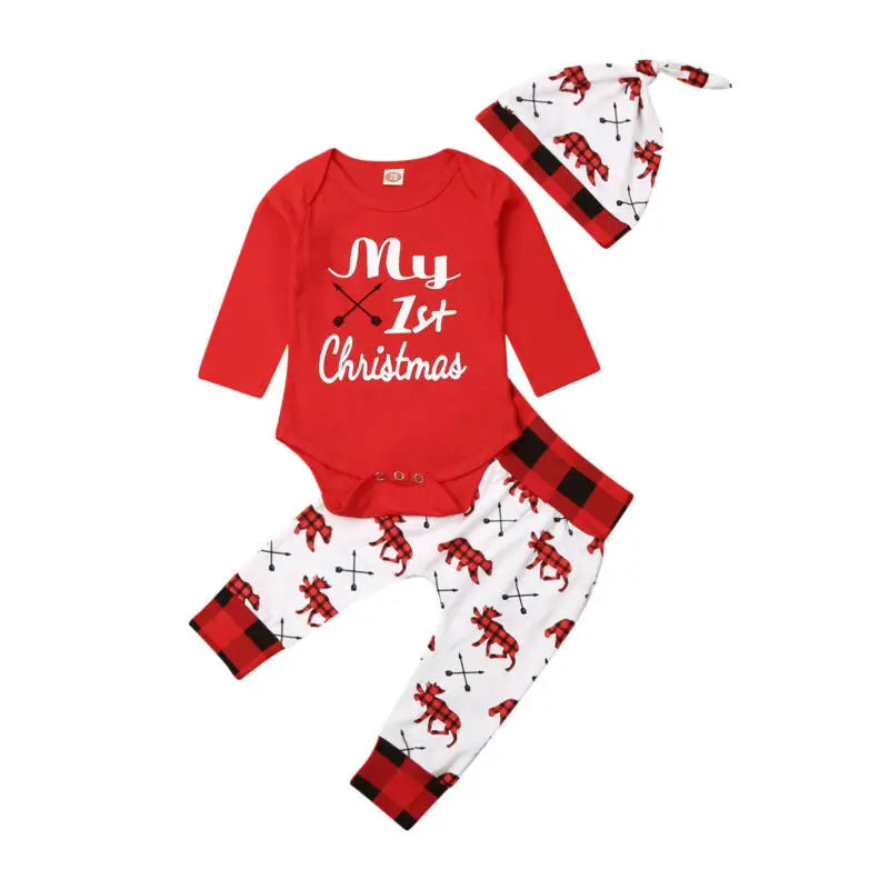 Encantador bebé niño mi primera letra navideña mameluco niños pantalón recién nacido sombrero niños trajes niña conjunto de Navidad ropa de otoño 2 uds conjunto