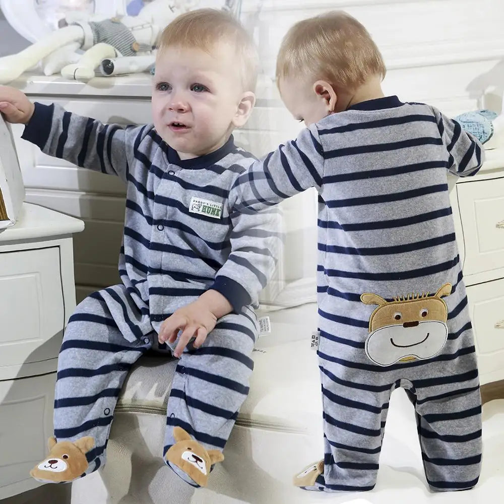 Newborn Baby Boy Autumn-winter Fleece Climbing Clothes 3-12M Kids Footed Pajamas Long Sleeved Infant Girls Cartoon Clothing