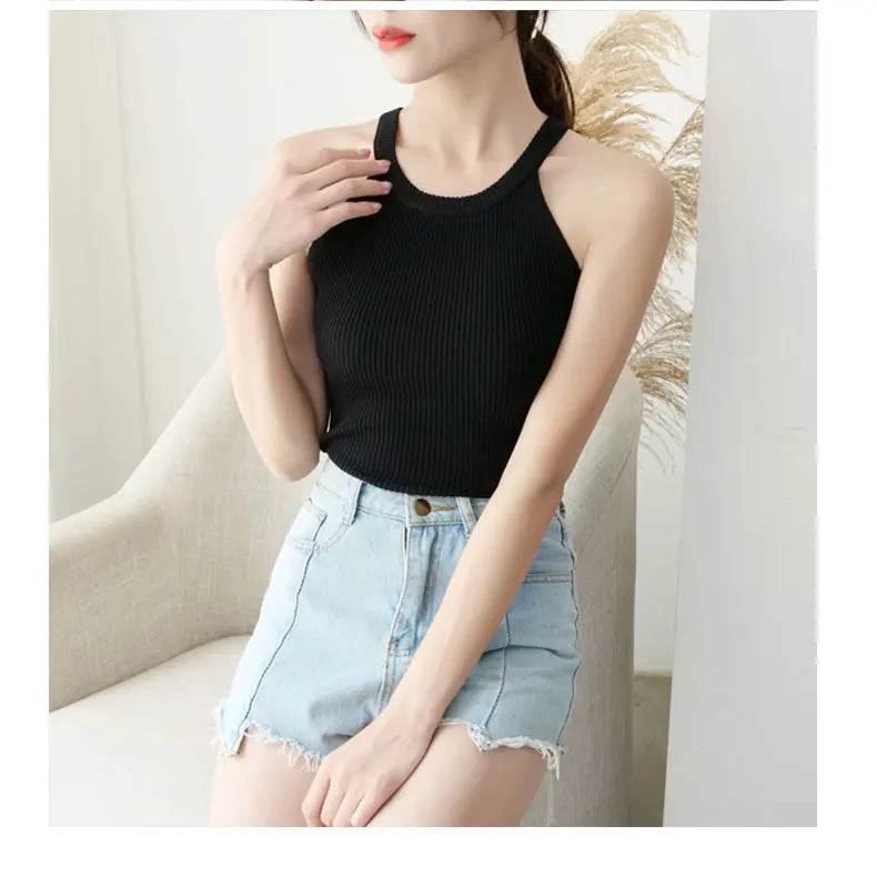 Tops Women Crop Top Off Shoulder Stretchy Knitted Tank Tops Female Sleveless Vest Halter Casual Summer Tops For Women