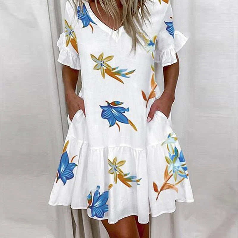 Casual Ruffles Loose V-Neck Dress Women Summer Short Sleeve Floral Print Woman Dress 2024 Fashion White Beach Dresses