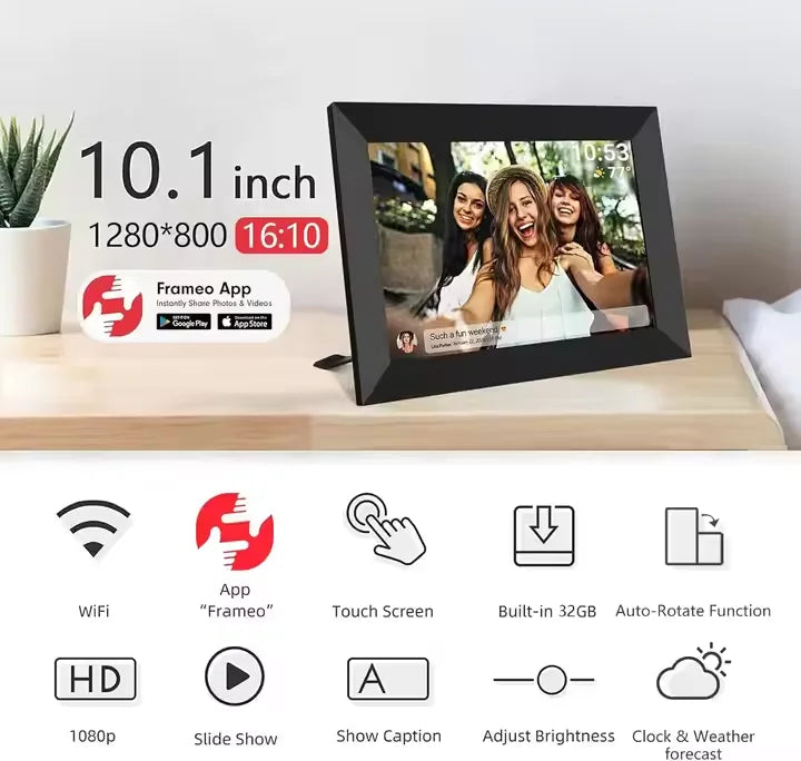 10.1 Inch IPS Touch Screen Digital Photo Frame WiFi Auto-Rotate Slideshow 32GB Storage Video Playback Remote Sharing via Uhale