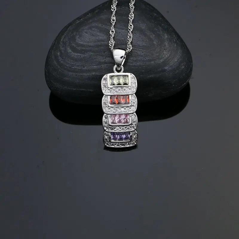 925 Silver Bridal Jewelry Sets For Women Multicolor Cubic Zirconia White Crystal Earrings Pendant Ring Necklace