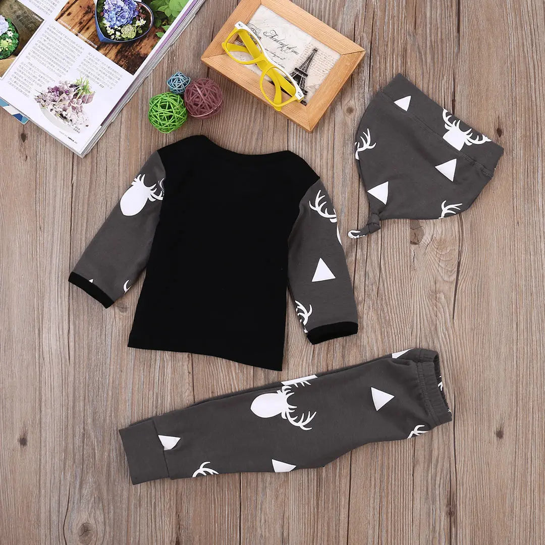 Newborn Baby Boys Clothes Cotton Sets Print Long Sleeve T-shirt Tops +Pants Leggings Hat 3pcs Outfits Baby Autumn Clothing