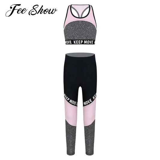 Kids Girl Sportswear Clothing Set Yoga Tracksuit for Children Sleeveless Hollow Back Crop Top with Pants Patchwork Sports Suit