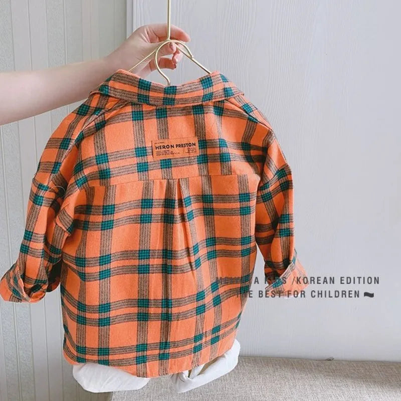 Spring 100% Cotton Casual Plaid Blouse Summer Striped Shirt Korean Baby Long Sleeve Tops Boys Shirts School Girls Blouses