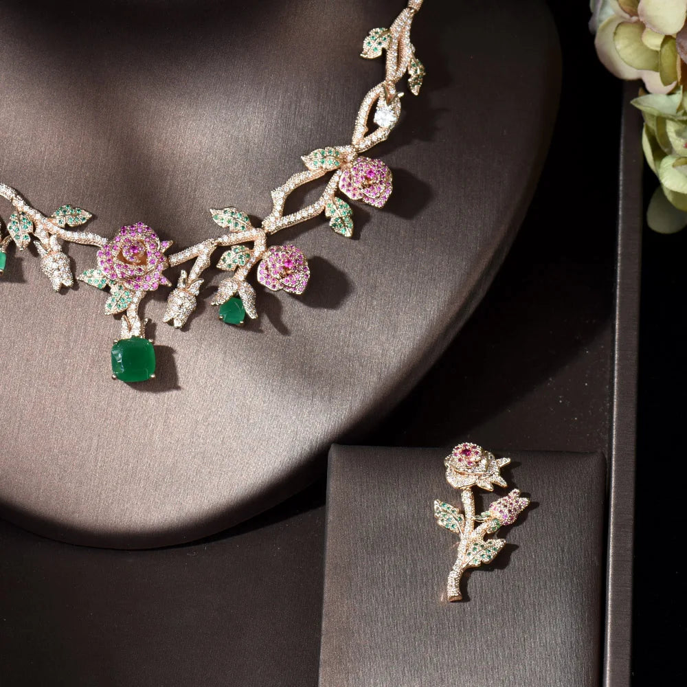 HIBRIDE Gold Color Rose Flower Bridal Necklace Jewelry Sets Luxury CZ Jewelry for Women Wedding Accessories bijoux femme N-1227