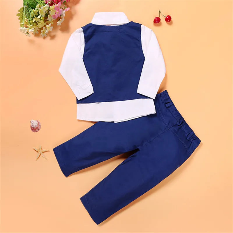 Trajes para niños, corbata para niños pequeños, camisas blancas, chaleco azul marino, pantalones largos, conjuntos de caballero para bebés, trajes para niños, Tops, ropa para niños, esmoquin