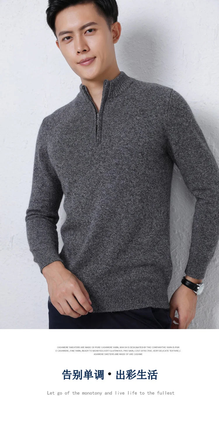 2025 New Pure Cashmere Sweater Men's Knit Large Size High-End Top 100%Wool Half High Neck Thick Pullover Winter Youth Wild Warm