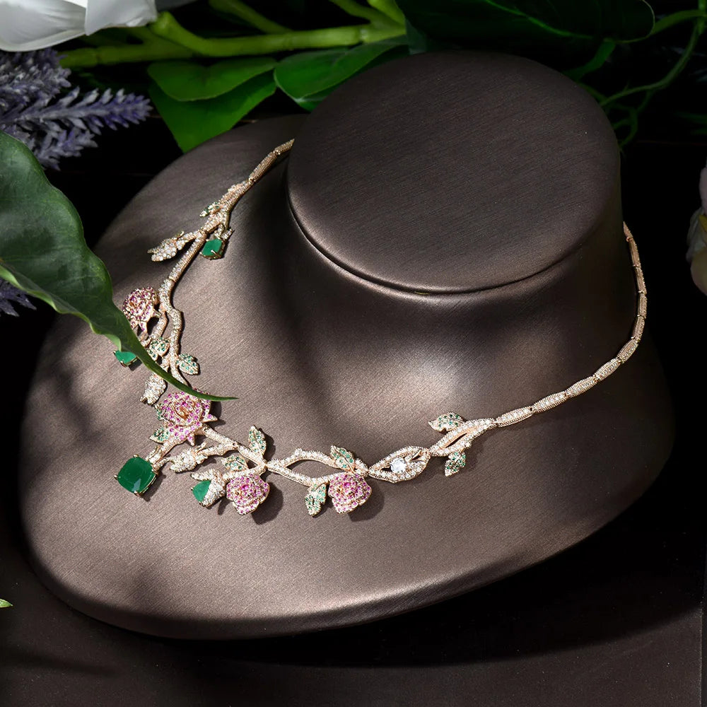 HIBRIDE Gold Color Rose Flower Bridal Necklace Jewelry Sets Luxury CZ Jewelry for Women Wedding Accessories bijoux femme N-1227