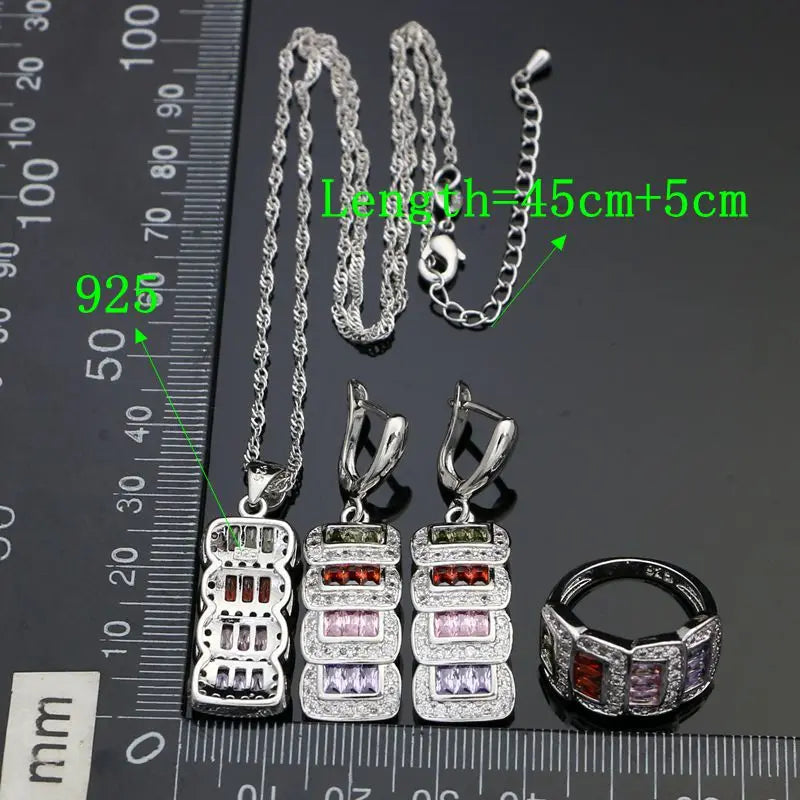 925 Silver Bridal Jewelry Sets For Women Multicolor Cubic Zirconia White Crystal Earrings Pendant Ring Necklace
