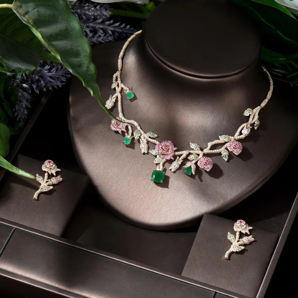 HIBRIDE Gold Color Rose Flower Bridal Necklace Jewelry Sets Luxury CZ Jewelry for Women Wedding Accessories bijoux femme N-1227