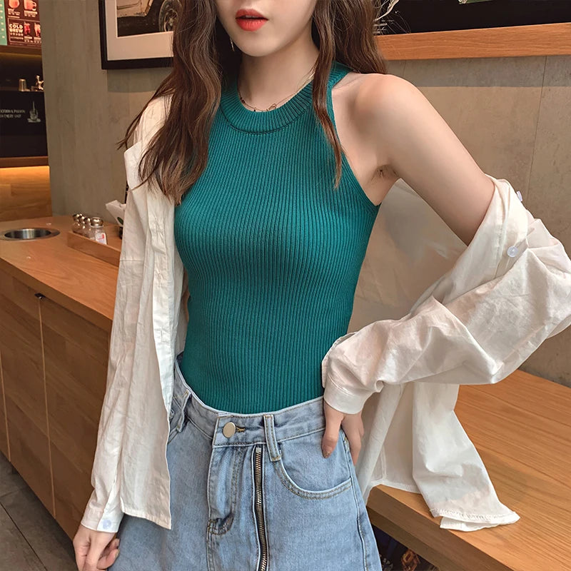 Tops Women Crop Top Off Shoulder Stretchy Knitted Tank Tops Female Sleveless Vest Halter Casual Summer Tops For Women